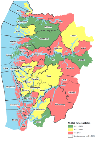Kart over Vestland med grøn, gul og raud farge på kommunane.