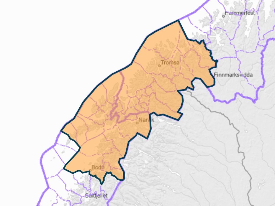 Kart der deler er merket med oransje farge.