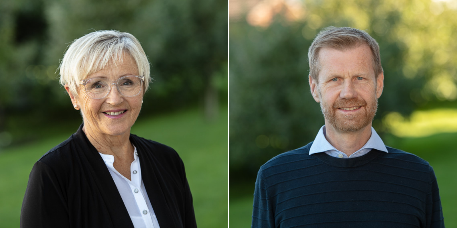 Kollasj av bilde av kvinne og mann med grøn bakgrunn.