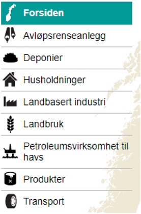 Norske utslipp, hovedmeny