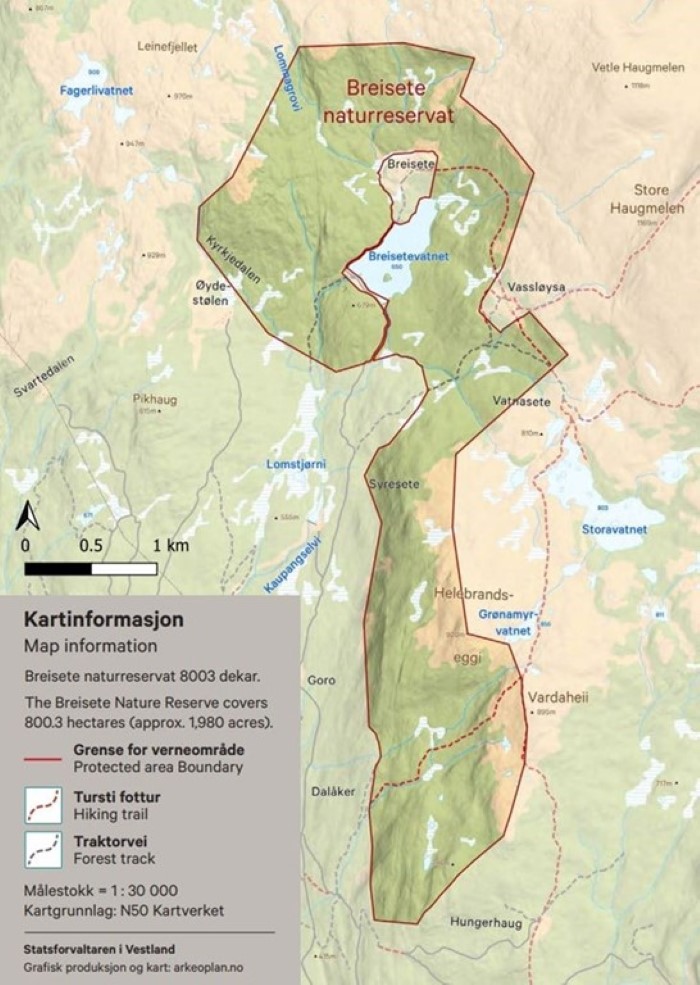 Kartet viser utbreiinga av Breisete naturreservat som er 8003 dekar stort. Foto: Statsforvaltaren i Vestland. Kartet viser utbreiinga av Breisete naturreservat som er 8003 dekar stort.