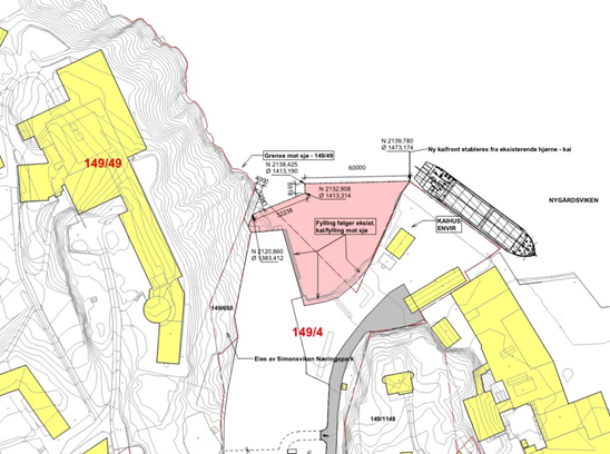 Plan for utfylling og kai markert i raudt Plan for utfylling og kai markert i raudt
