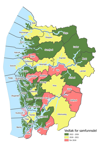 Kart over Vestland med grøn, gul og raud farge på kommunane