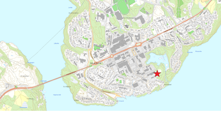 Figur 1: Planlagt plassering av reinseanlegget er vist med raud stjerne. Foto: Kartutsnitt frå Fylkesatlas. kart med raud stjerne