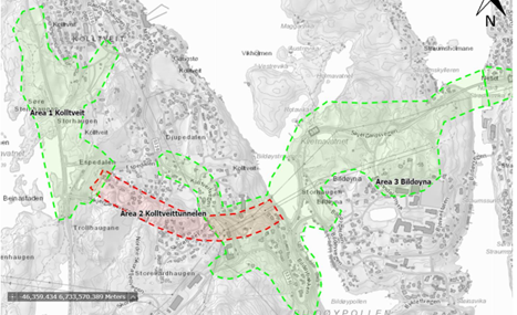 Oversiktskart som viser strekningen A1 Kolltveit, A2 Kolltveittunnelen og A3 Bildøyna, Raud stipla linje markerer tunnelen. Oversiktskart som viser strekningen A1 Kolltveit, A2 Kolltveittunnelen og A3 Bildøyna, Raud stipla linje markerer tunnelen.