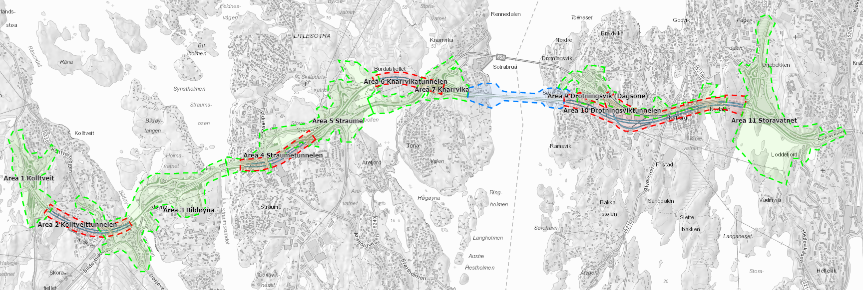 Oversikt over delstrekningar i Sotrasambandet, ny riksveg 555 Oversikt over delstrekningar i Sotrasambandet, ny riksveg 555
