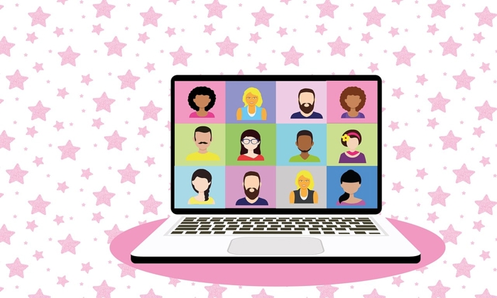 Foto: Alexandra Koch / Pixabay. pc som viser et digitalt møte med rosa bakgrunn og hjerter rundt