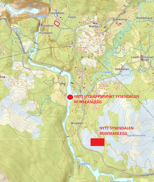 Figur 1: Kartutsnitt frå Fylkesatlas. Planlagt plassering av nytt reinseanlegg i Sysendalen er vist med raud firkant. Utsleppspunktet i elva Bjoreia er vist med raud sirkel. Kart som viser plassering av nytt renseanlegg og utsleppspunkt