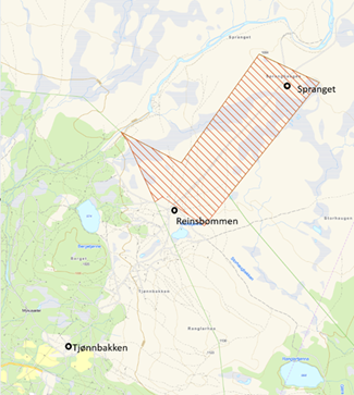 Kartutsnitt som viser en del av Rondane nasjonalpark.