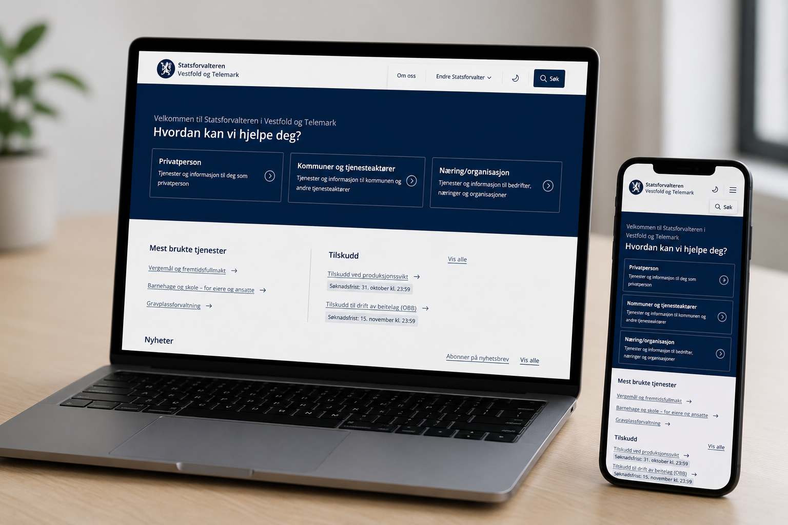 Bilde av en laptop og en mobil som viser de nye nettsidene til Statsforvalteren i Vestfold og Telemark. 