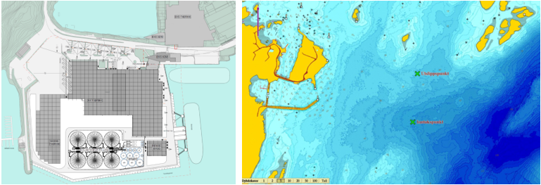 Situasjonskart (til venstre) av Nova Sea AS sitt nye lakseslakteri, og tiltenk utslippspunkt (til høyre) for prosessavløpsvann fra slakteriet på Lovund. Illustrasjoner er hentet fra søknad om utslippstillatelse fra Nova Sea AS.
