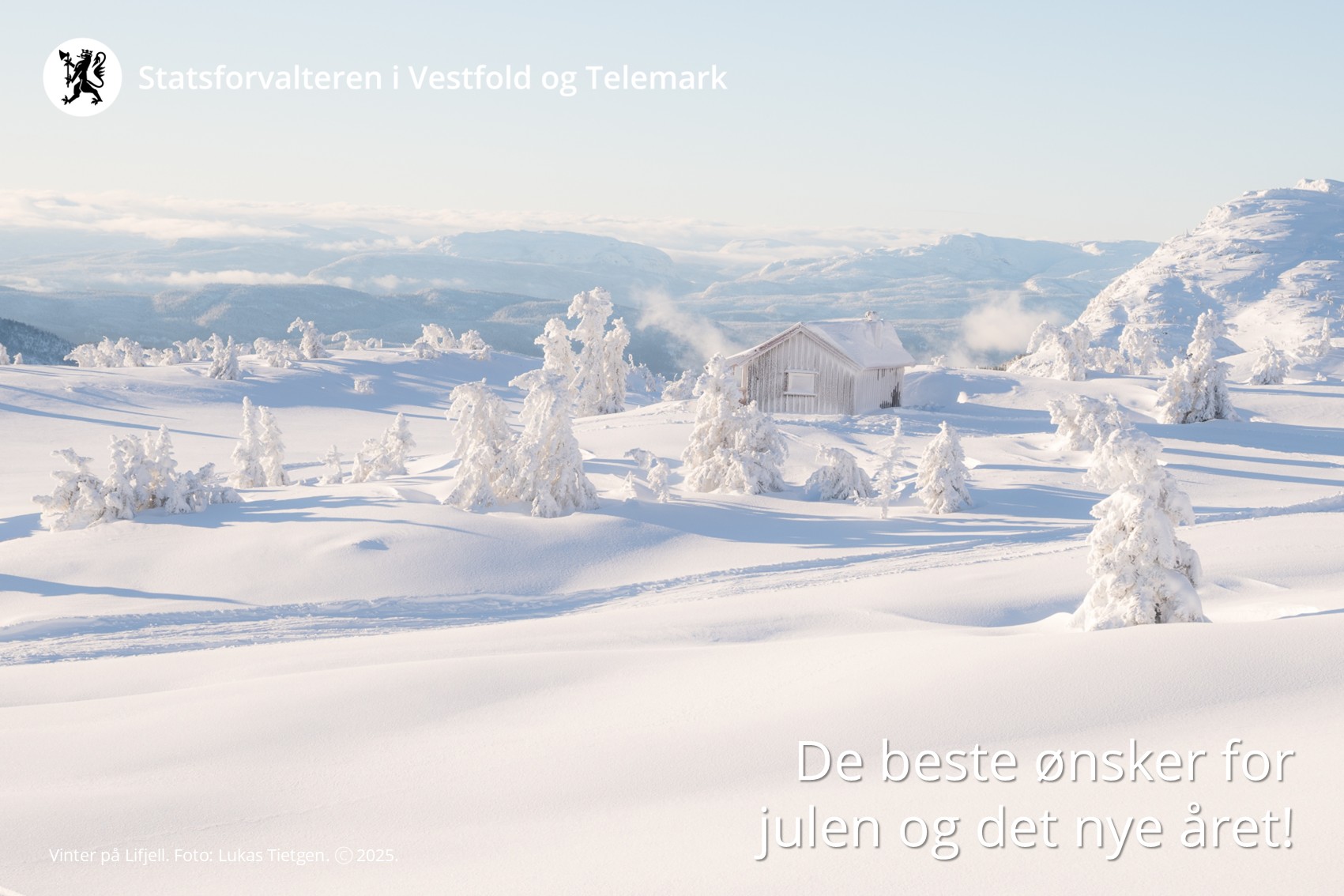 Landskapsbilde med snødekte trær, hytte og fjell