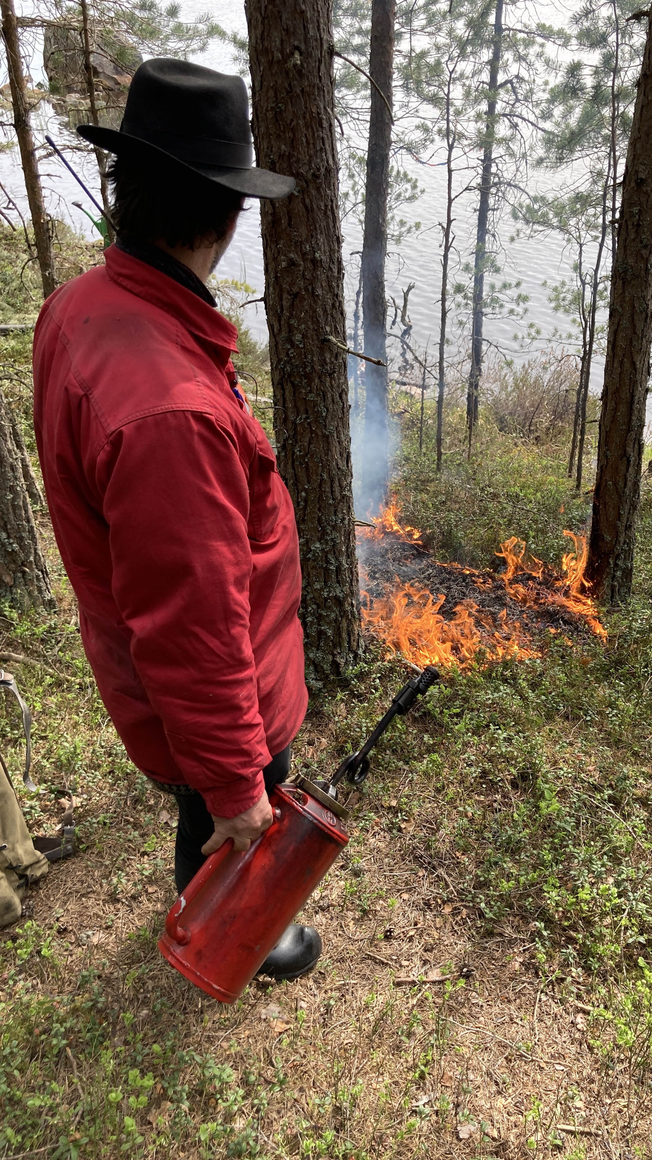 Brenning ble startet opp ved vannkant lengst sør i brenningsobjektet. Flammene brer seg ut i en sirkel og vil etter hvert danne en linje som rygger mot vindretningen. Foto: Statsforvalteren.