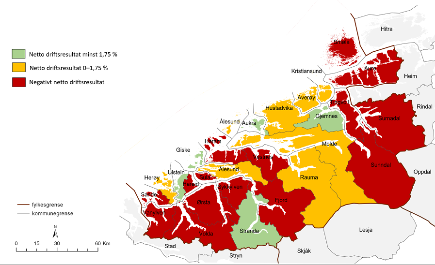 Kart over Møre og Romsdal der kommunane er fargekoda etter netto driftsresultat. Kommunar med negativt netto driftsresultat er markerte med raudt: Vanylven, Sande, Volda, Ørsta, Sykkylven, Sula, Hareid, Fjord, Vestnes, Haram, Sunndal, Surnadal, Aure, Tingvoll og Smøla. Kommunar med netto driftsresultat mellom 0 og 1,75 prosent er markerte med gult: Herøy, Ålesund, Rauma, Molde, Hustadvika, Averøy og Kristiansund. Kommunar med netto driftsresultat på minst 1,75 prosent er markerte med grønt: Stranda, Ulstein, Giske, Aukra og Gjemnes.
