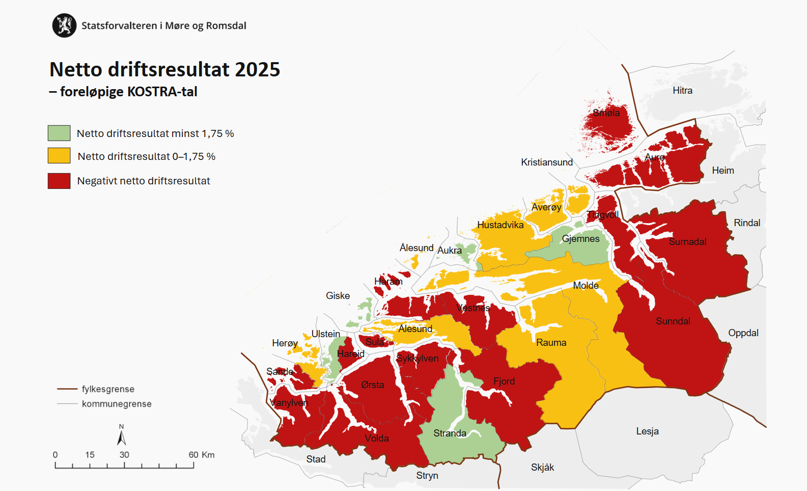 Kartet viser netto driftsresultat for kommunane i Møre og Romsdal basert på førebelse KOSTRA-tal. Grøn farge betyr netto driftsresultat på minst 1,75 prosent. Gul farge betyr netto driftsresultat mellom 0 og 1,75 prosent, og raud farge betyr negativt netto driftsresultat. Ulstein, Stranda, Giske, Aukra og Gjemnes har grøn farge i kartet. Herøy, Ålesund, Rauma, Molde, Hustadvika, Averøy og Kristiansund har gul farge. Sande, Hareid, Volda, Ørsta, Sykkylven, Sula, Fjord, Vestnes, Haram, Sunndal, Tingvoll, Surnadal, Aure og Smøla har raud farge.