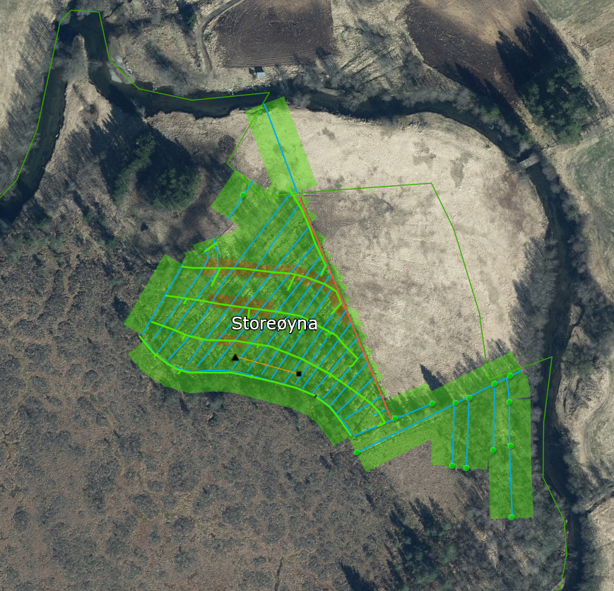 Oversikt over tiltaket i kartprogrammet ArcGis. Her er demningar og pluggar teikna inn.