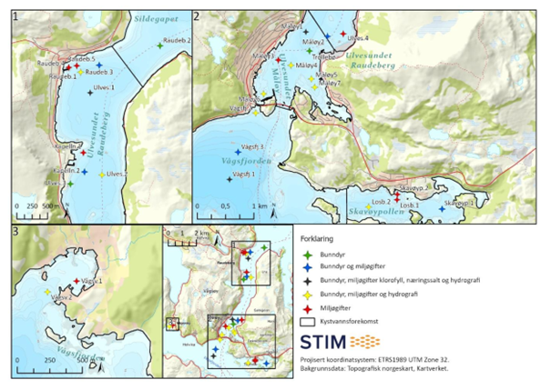 Kart som viser prøvetakingspunkter i overvakinga