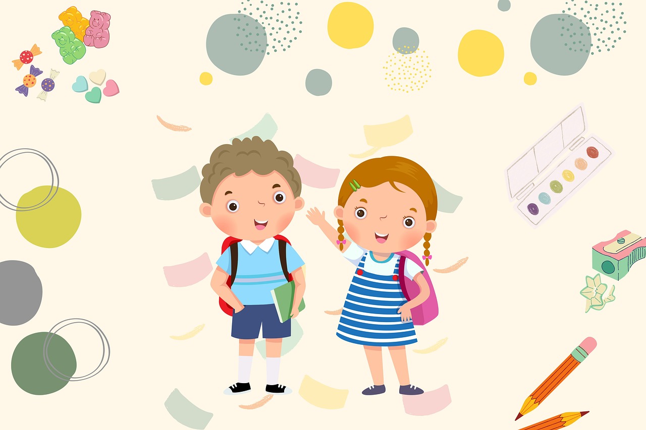 Bildet er hentet fra Pixabay Bildet viser en tegnet illustrasjon av en gutt og en jente med utstyr som benyttes i skolen