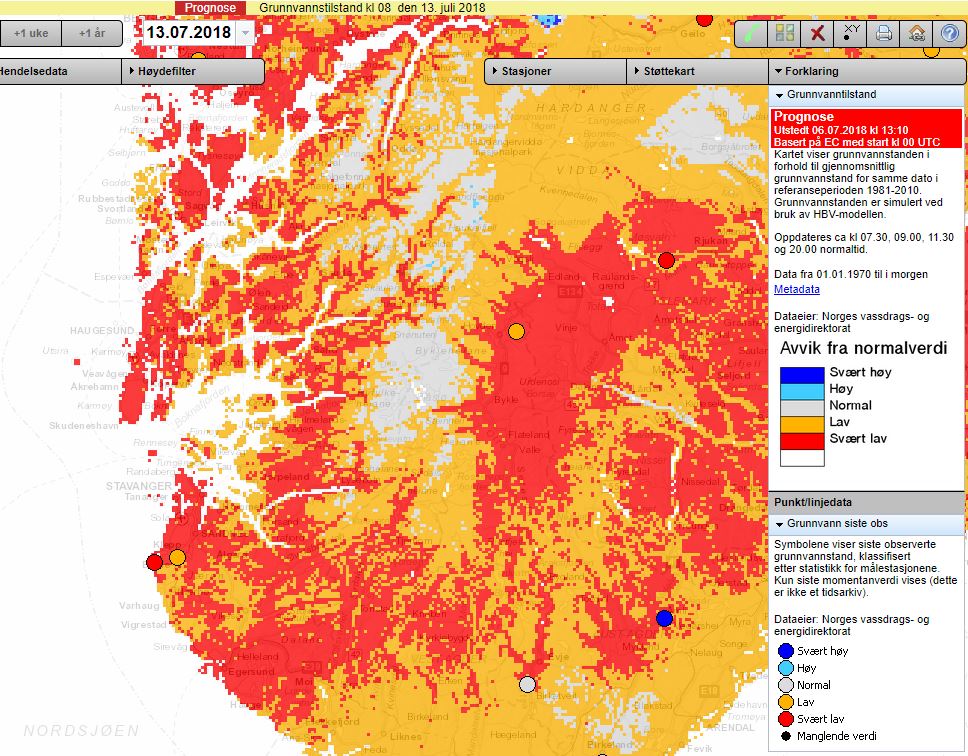 Vedlagt kart viser prognose for grunnvasstanden ei veke fram, til 13. juli. Samanlikningsgrunnlaget er gjennomsnittleg vasstand for same dato i perioden 1981-2010. På www.senorge.no kan de følgje med på grunnvasstanden (velg arealdata: Vann, grunnvanntilstand, observasjoner). Velg Punkt/linjedata «grunnvann siste obs»).