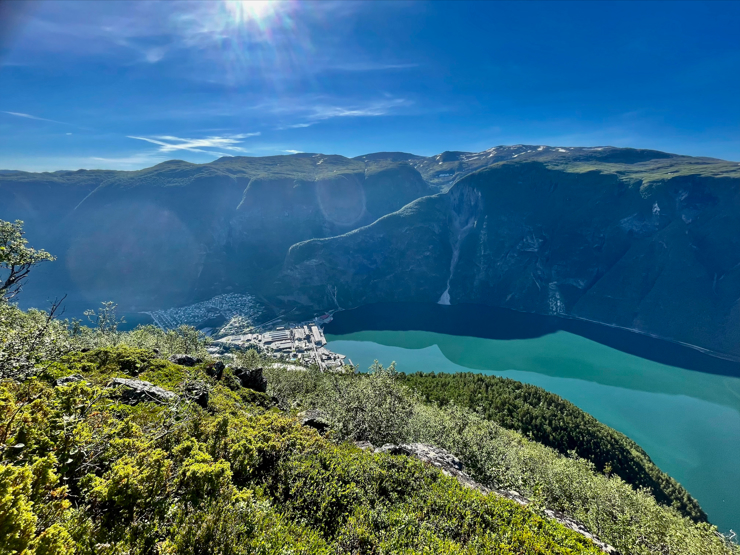 Konsekvensutgreiinga tilrår å trekke vernegrensa for eit marint vern av Sognefjorden vekk i frå tettstadar og industriområde fordi det ofte ligg tunge samfunnsmessige interesser der. Det er også sjeldan det ligg store marine verneverdiar tett innpå slike industriområde. Foto: Gunnar O. Hæreid. blå himmel og grøn fjord, med eit industrisamfunn inst i ein fjord