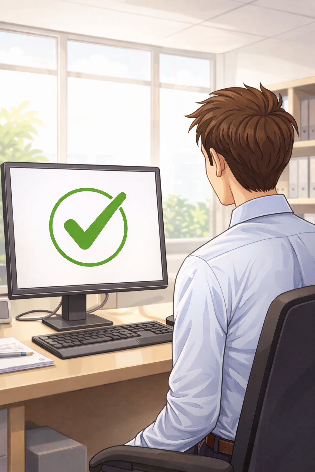 KI-generert illustrasjon av en mann i skjorte som sitter foran en PC. På PC-skjermen er det er det huket av i en grønn boks, som symboliserer at alt er klart