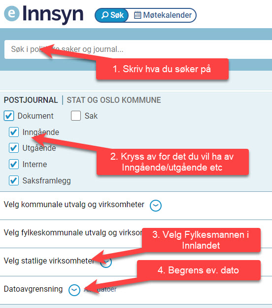 Skjermbilde fra Einnsyn med felt-forklaringer
