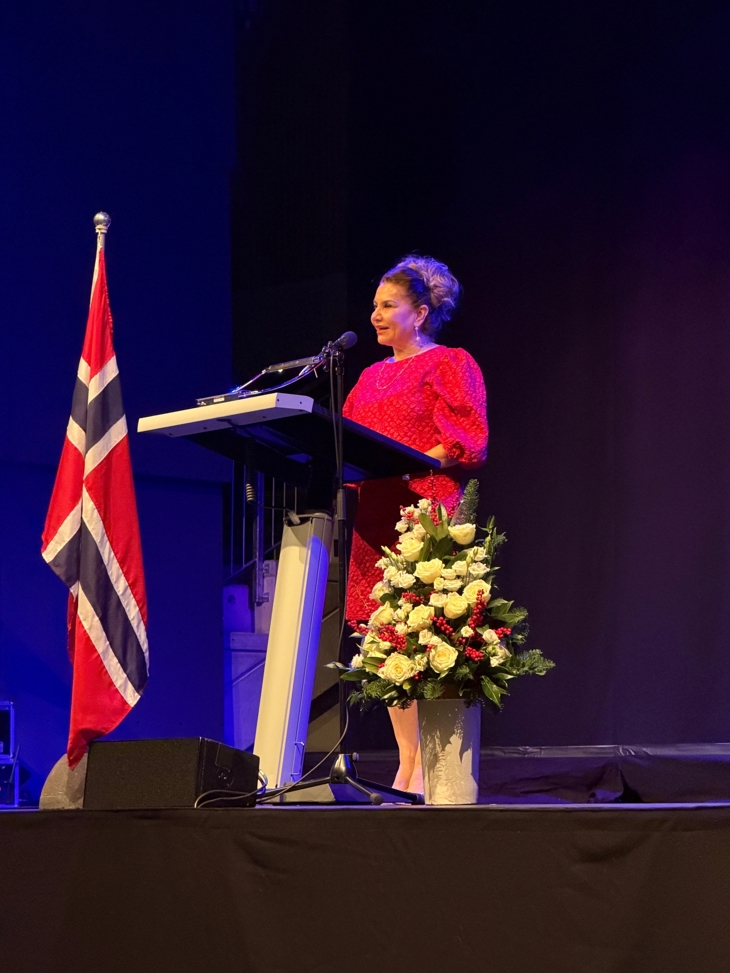 Stortingsrepresentant Fahranas Bahrami holder tale under statsborgerseremoni på Elverum.