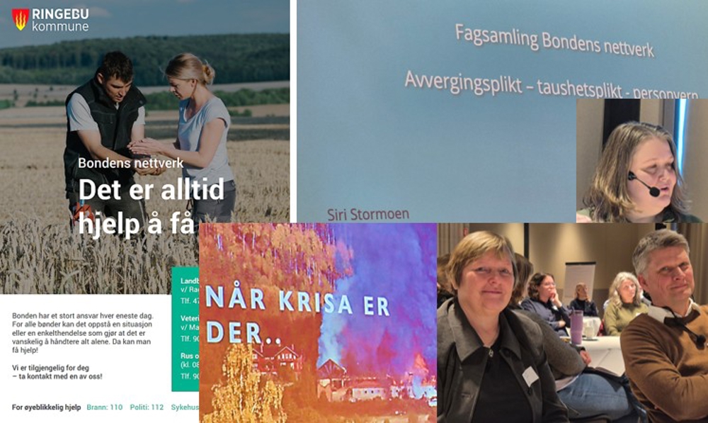 Bildekollasje av folk, brann, plakat med tekst m.m.