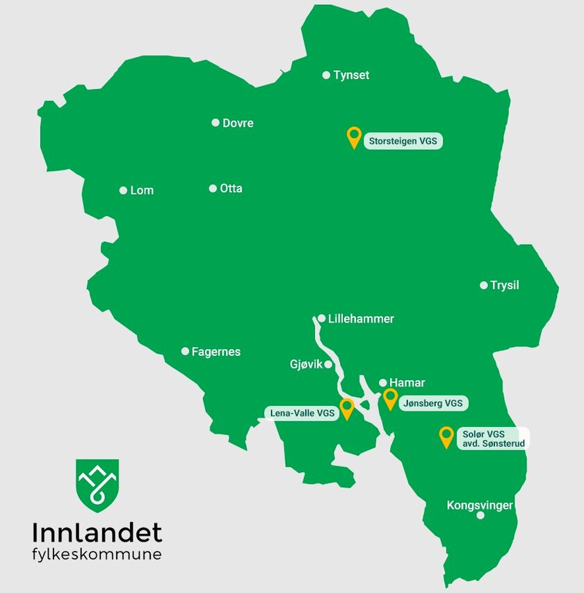 Kart over Innlandet som syner naturbruksskular