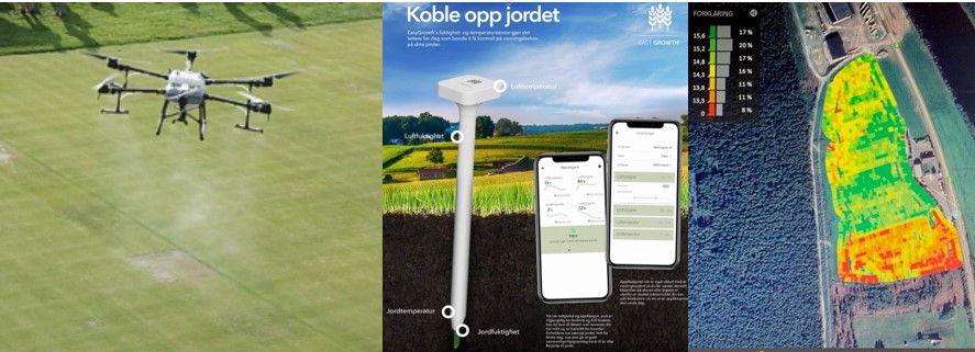 Bildet er delt i tre og syner: 1) ei drone i lyfta over eit grønt jorde, 2) to mobiltelefonar som blir brukt til å kople seg på teknologihjelpemiddel, og 3)  eit dronebilde frå eit jorde med ulike farger avhengig av kva drona har fotografert.