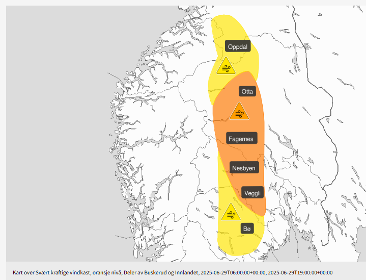Meteorologisk institutt melder om sterke vindkast som kan treffe ca 20 kommuner søndag 29.06