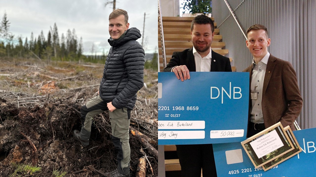 Todelt bilde: Mottagelse av pris og portrett av mann på ei hogstflate.