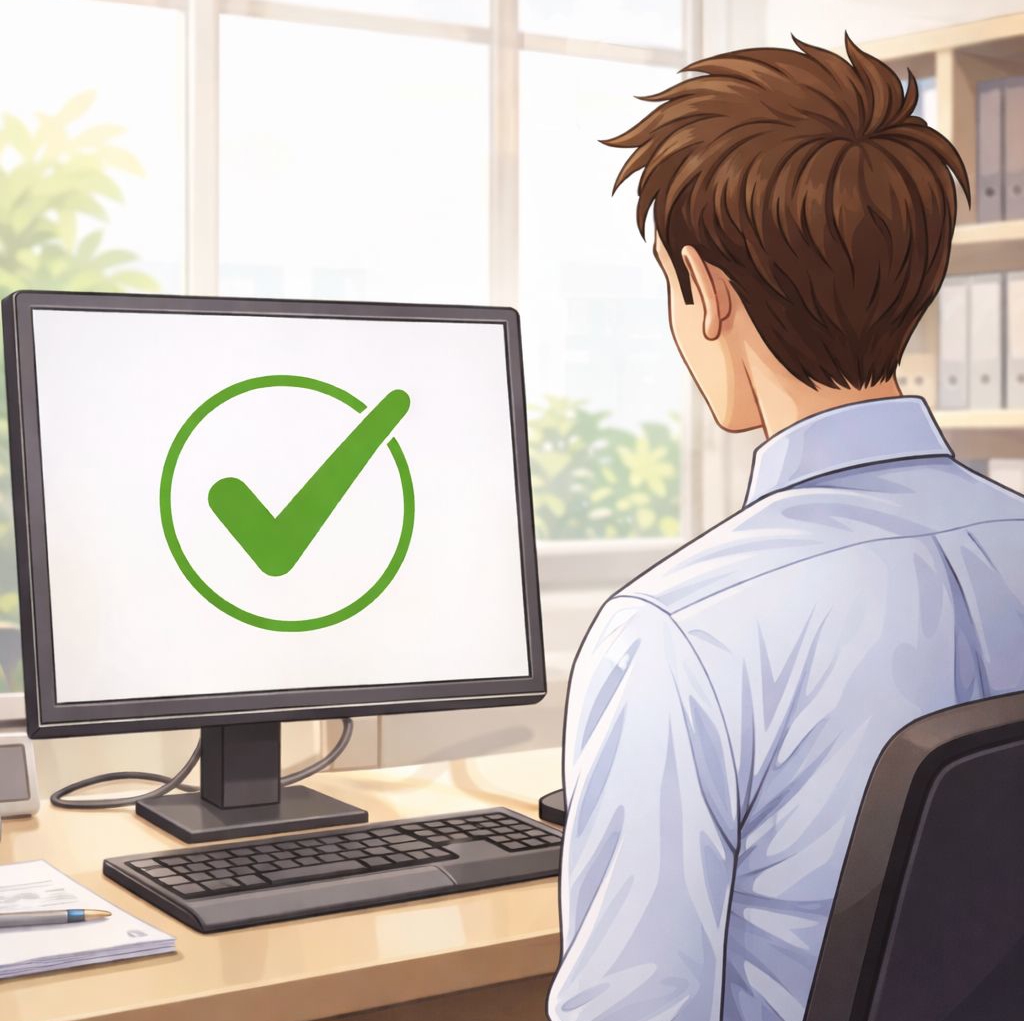 Illustrasjon av en mann i skjorte som sitter ved pulten sin. På pulten er det en PC-skjerm med en grønn hake, som signaliserer at det han oppgaven han utførte gikk bra.